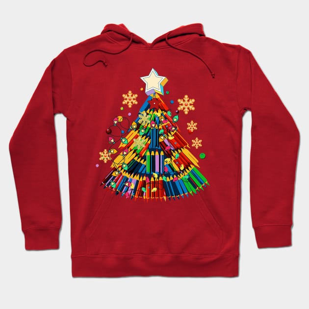 Teacher Crayon Christmas Tree Lights Student School Xmas Hoodie by wfmacawrub